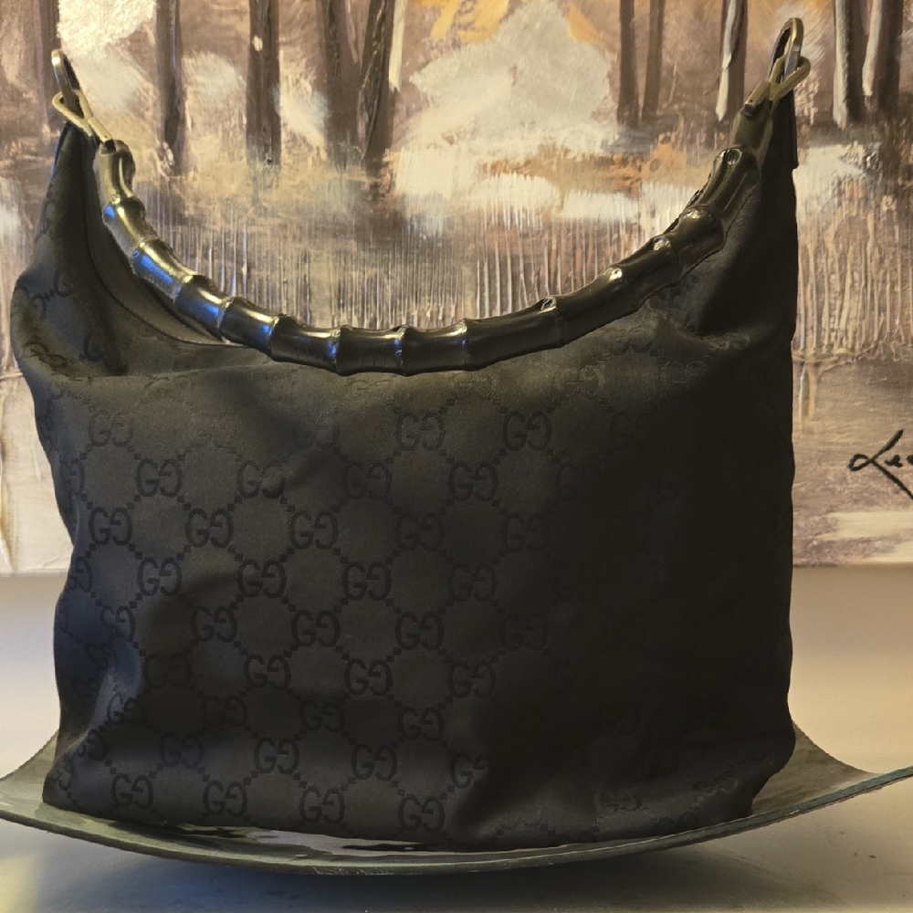 Gucci Black Bamboo Monogram Canvas Bag.